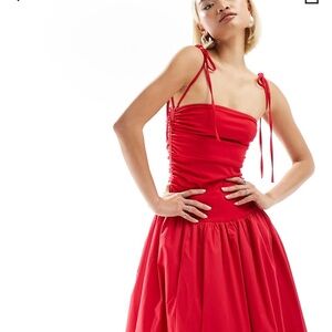 Amy Lynn Alexa shoulder tie puffball midi dress in cherry red